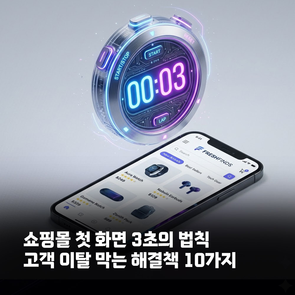 쇼핑몰 첫 화면 이탈률을 상징하는 3초 타이머 회색톤 마법사톤 3D 썸네일