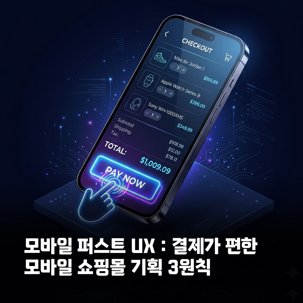 쇼핑몰 모바일 결제 최적화를 상징하는 어두운 배경 마법사톤 3D 스마트폰 썸네일