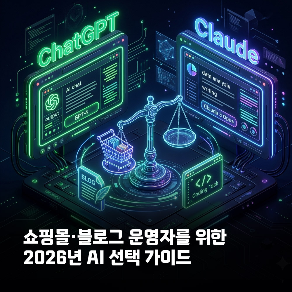 챗GPT와 클로드를 상징하는 두 AI 인터페이스가 저울 위에서 대결하는 다크 배경 3D 썸네일