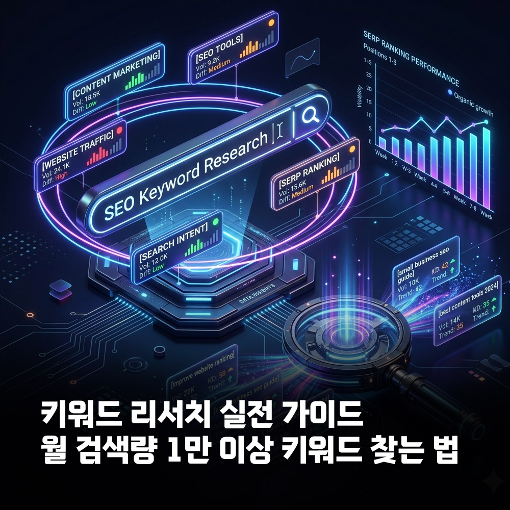 키워드 데이터가 검색창에서 분석되는 다크 배경 3D 썸네일